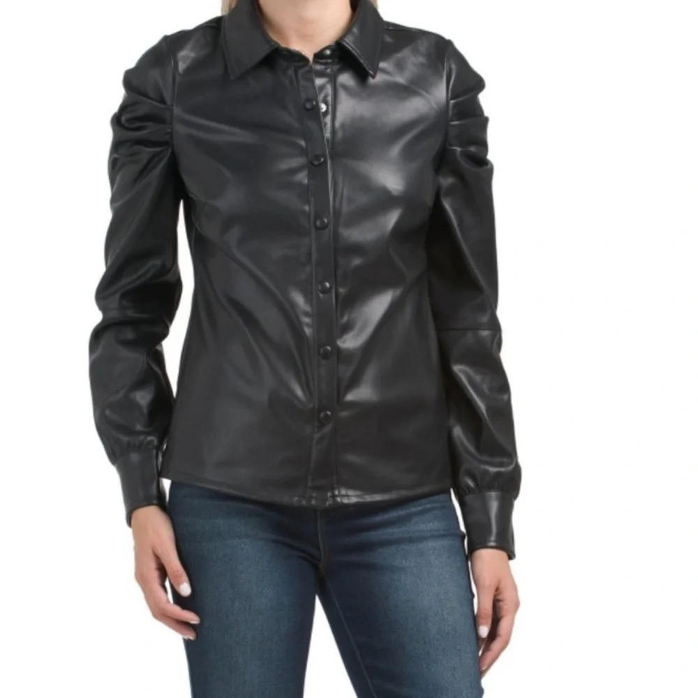 7 For All Mankind Black Faux Leather Puff Sleeve Top Size M
